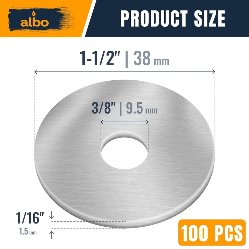 ALBO 100 Pcs Stainless Steel Fender Flat Washers 3/8" x 1-1/2" for Bolts and Screws, 304 Stainless Steel Hardware for Construction and DIY - Image 2